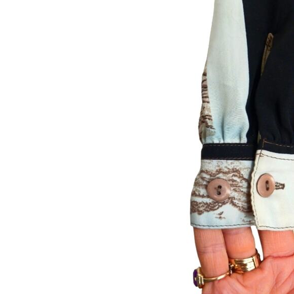 Y2K Silky Blouse Sz 10 Abstract Colorblock Patchwork Geo Button up Office Career - Picture 12 of 13